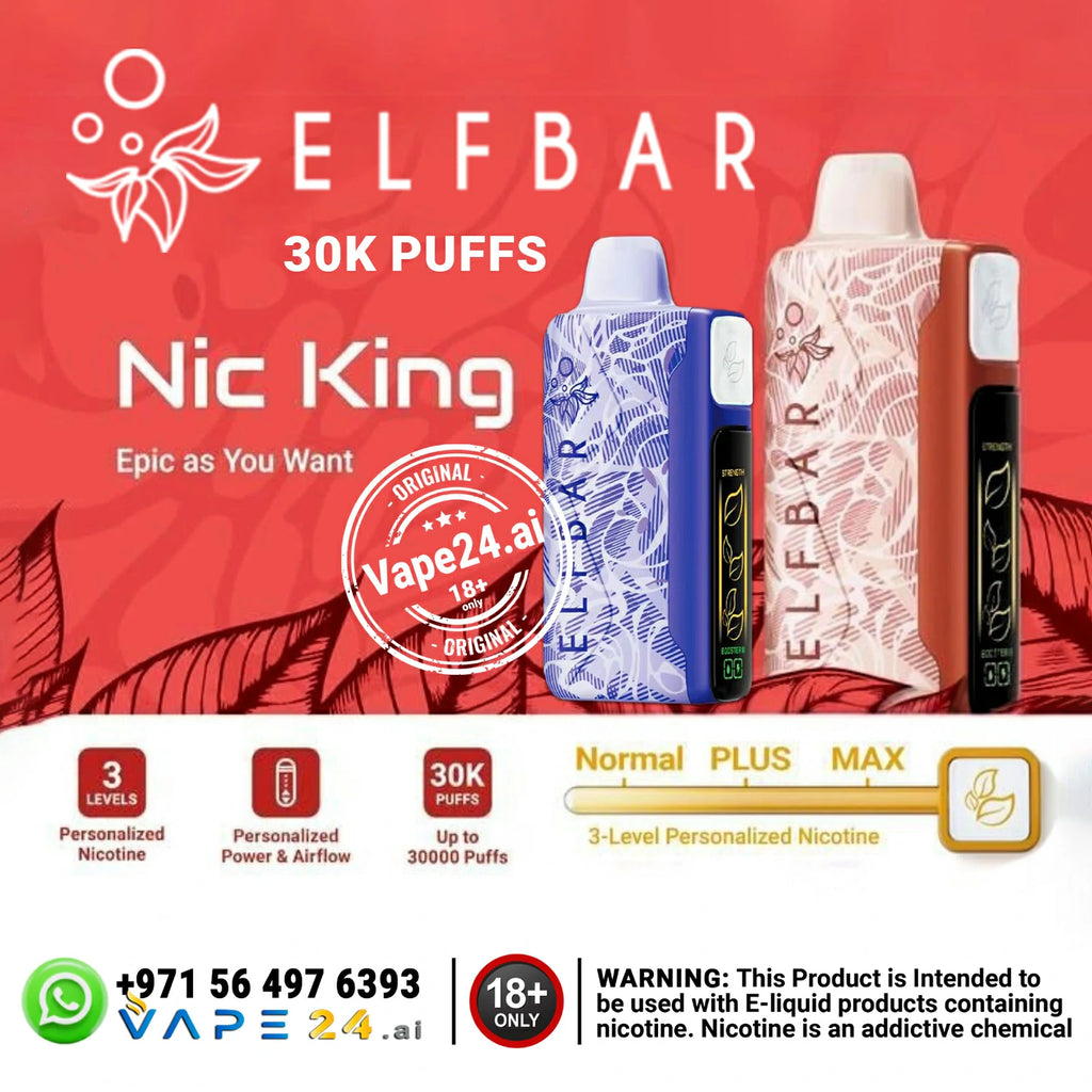 Elfbar Nic King 30k Puffs Disposable Vape - Personalized nicotine levels, vibrant design, ideal for vape enthusiasts in Dubai.