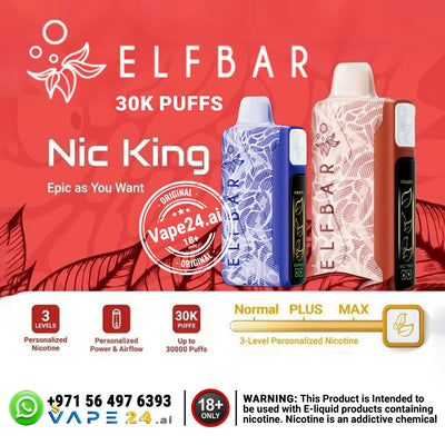 Elfbar Nic King 30k Puffs Disposable Vape - Personalized nicotine levels, vibrant design, ideal for vape enthusiasts in Dubai.