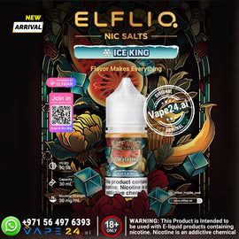 Elfliq Nic Salts Ice King vape juice bottle with colorful design and branding elements.