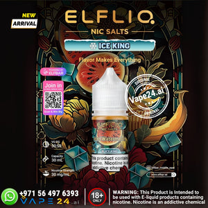 Elfliq Nic Salts Ice King vape juice bottle with colorful design and branding elements.