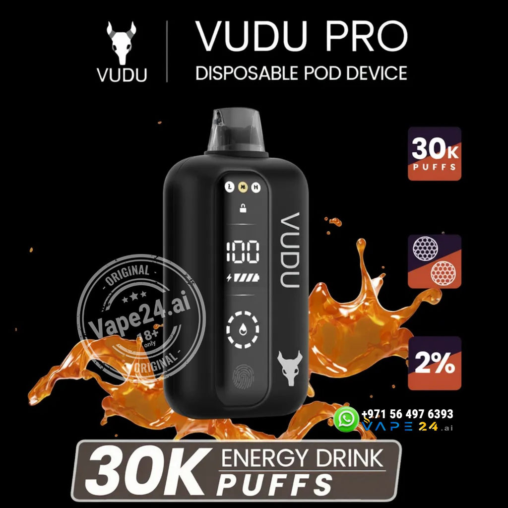 Vudu Pro disposable pod device with energy drink graphics on a black background