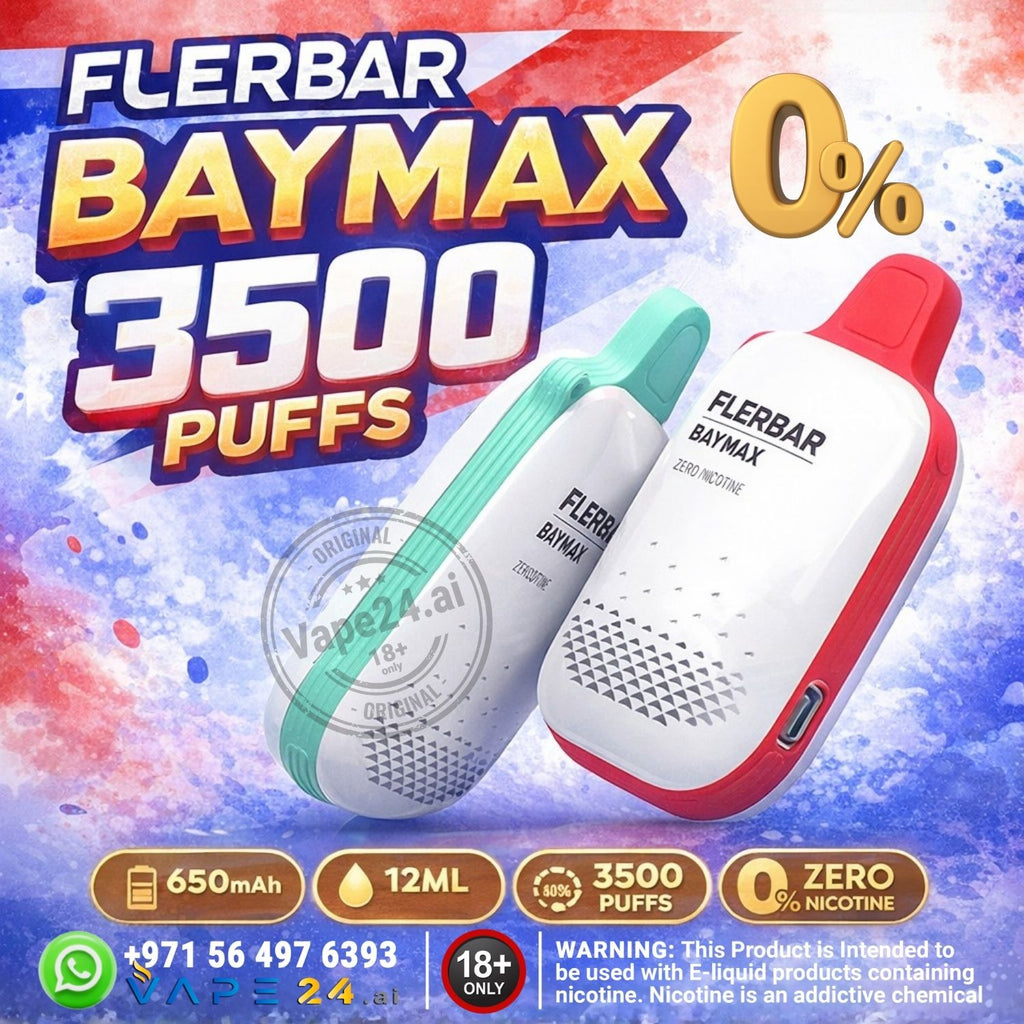 Two vape devices with 'Flerbar Baymax' branding on a colorful background.