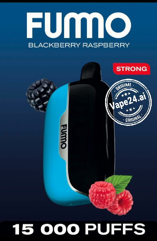 Fummo vape device with blackberry and raspberry graphics on a blue background