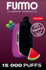 Vape device with blueberry and watermelon graphics on a purple background, featuring the brand 'Fummo'.
