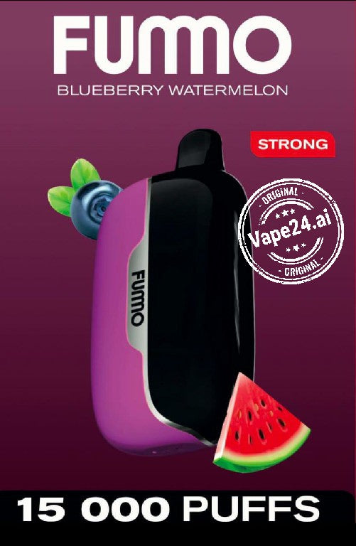 Vape device with blueberry and watermelon graphics on a purple background, featuring the brand 'Fummo'.