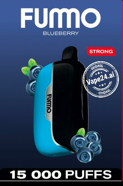 Fummo blueberry vape device with blueberries on a dark blue background, featuring Vape24.at branding.