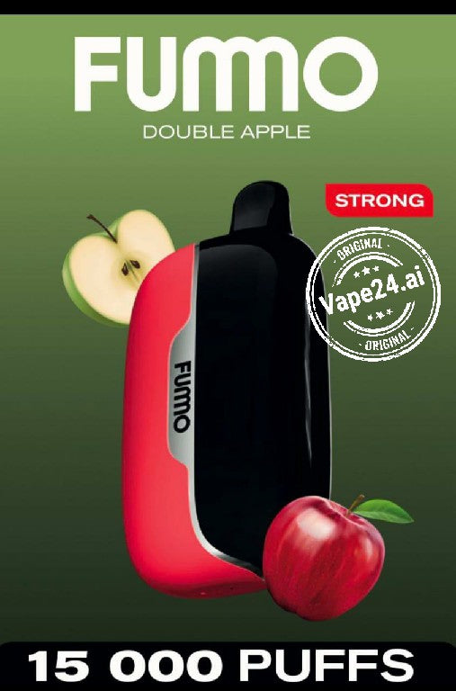 FUMO Double Apple vape device with apples on a green background, featuring the Vape24.ai brand.