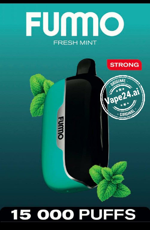 Fummo vape device with mint leaves on a teal background, featuring the Vape24.ai brand.