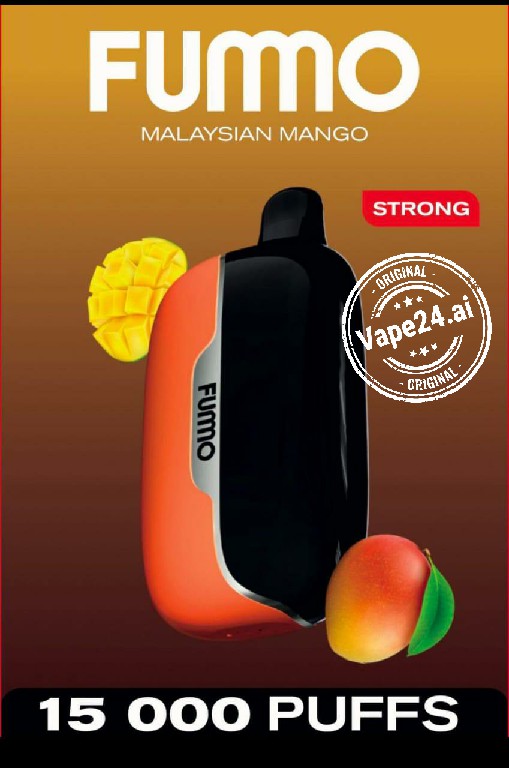 Fummo Malaysian Mango vape device with mango graphics and 'Vape24.at' logo on a brown background.