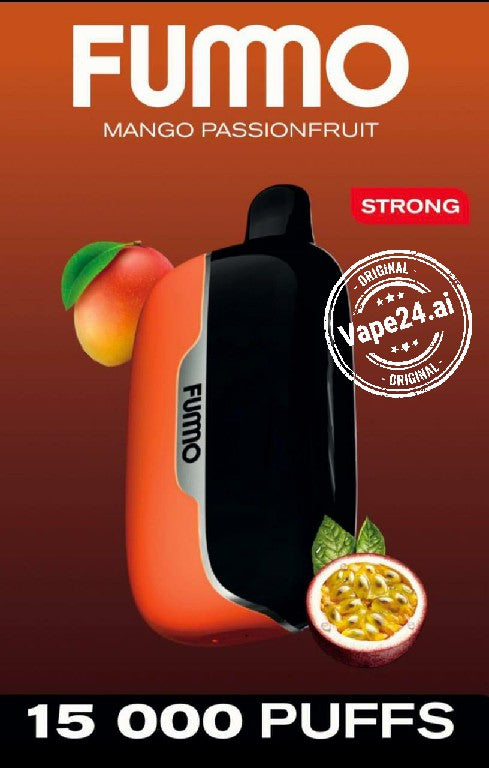 Fummo vape device with mango and passionfruit graphics on a brown background