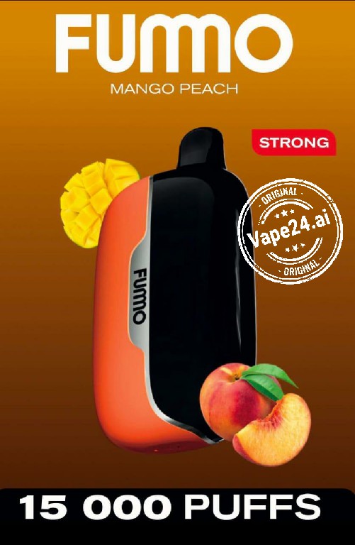 FUMO Mango Peach vape device on a brown background with mango and peach graphics.