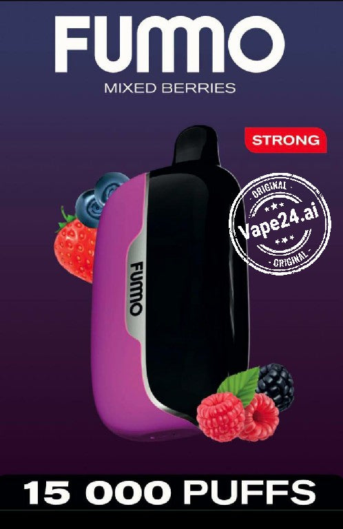 Vape device with 'FUMMO' branding and mixed berries on a purple background
