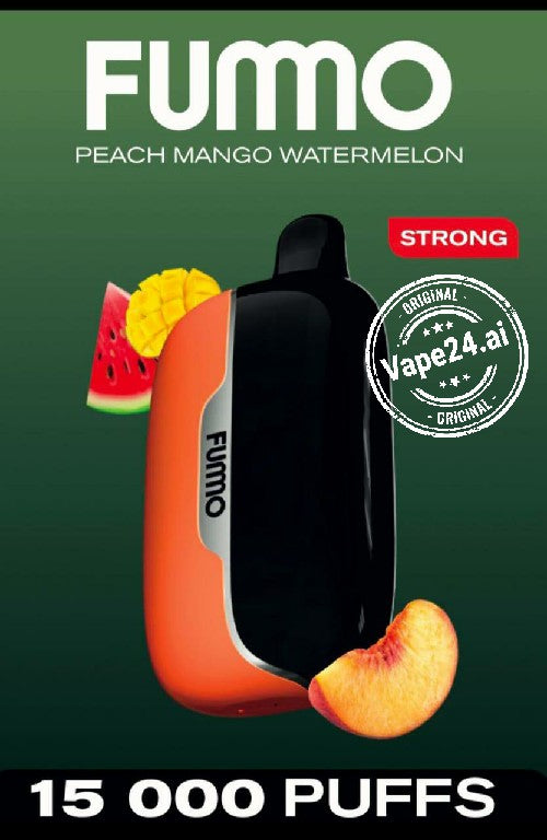 Fummo vape device with watermelon mango peach fruit graphics on a green background