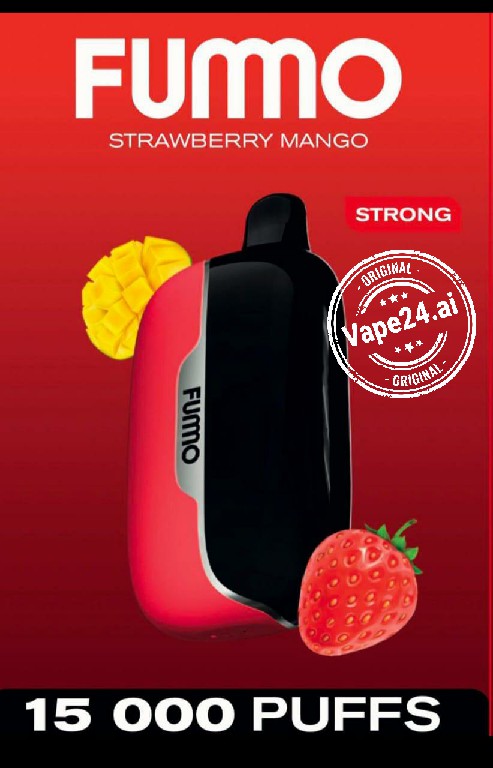 Fummo Strawberry Mango vape device packaging with red background
