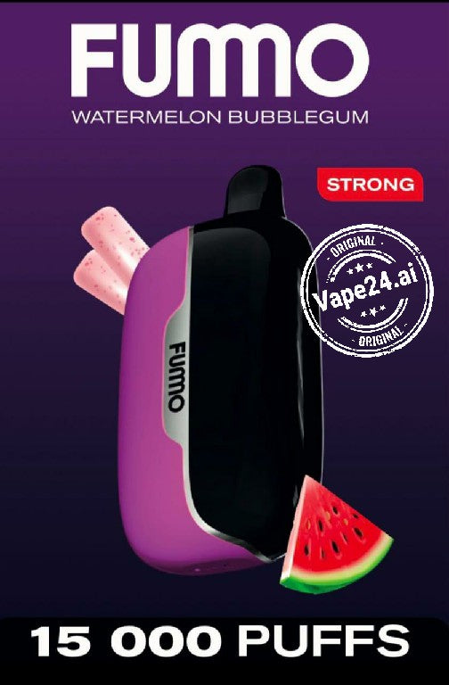 Vape device with watermelon flavor and 'Fummo' branding on a purple background.