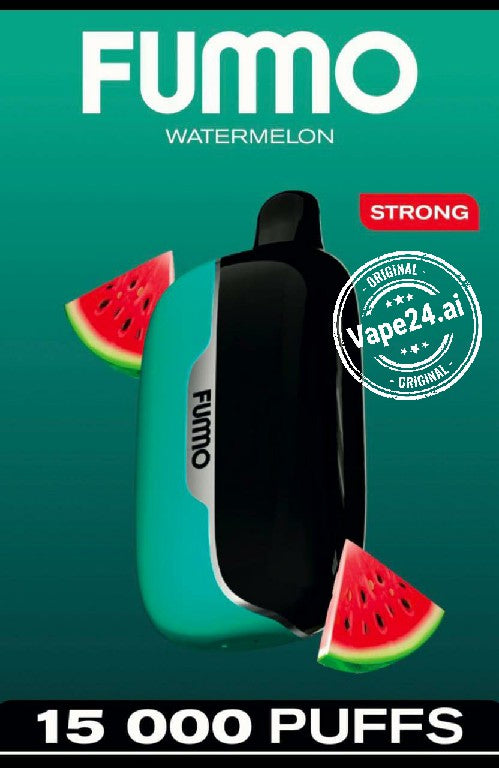 Vape device with watermelon flavor packaging on a green background