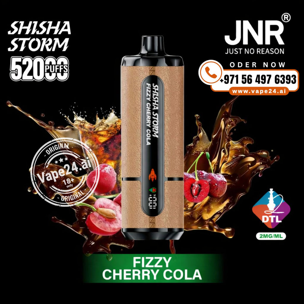 Vape device with cherry cola flavor on a black background, featuring JNR and Vape24.ai logos.