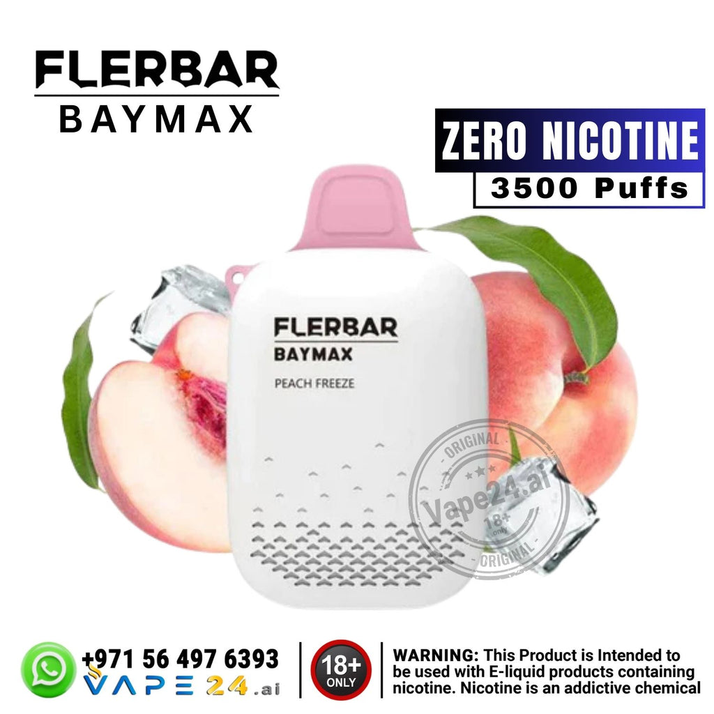 Flerbar Baymax vape device with peach flavor and 'Zero Nicotine' label on a white background.