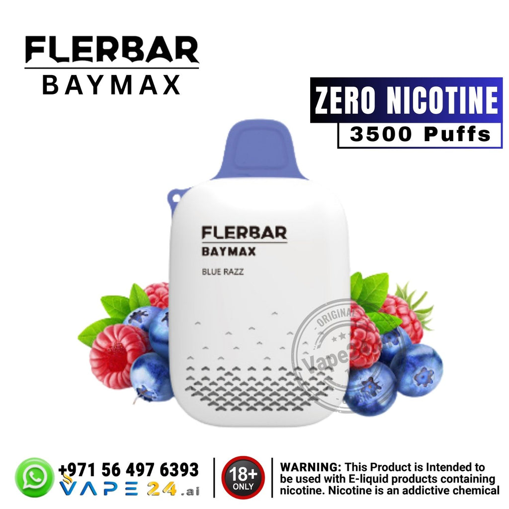Flerbar Baymax vape device with blue top and white body, surrounded by berries, on a white background.