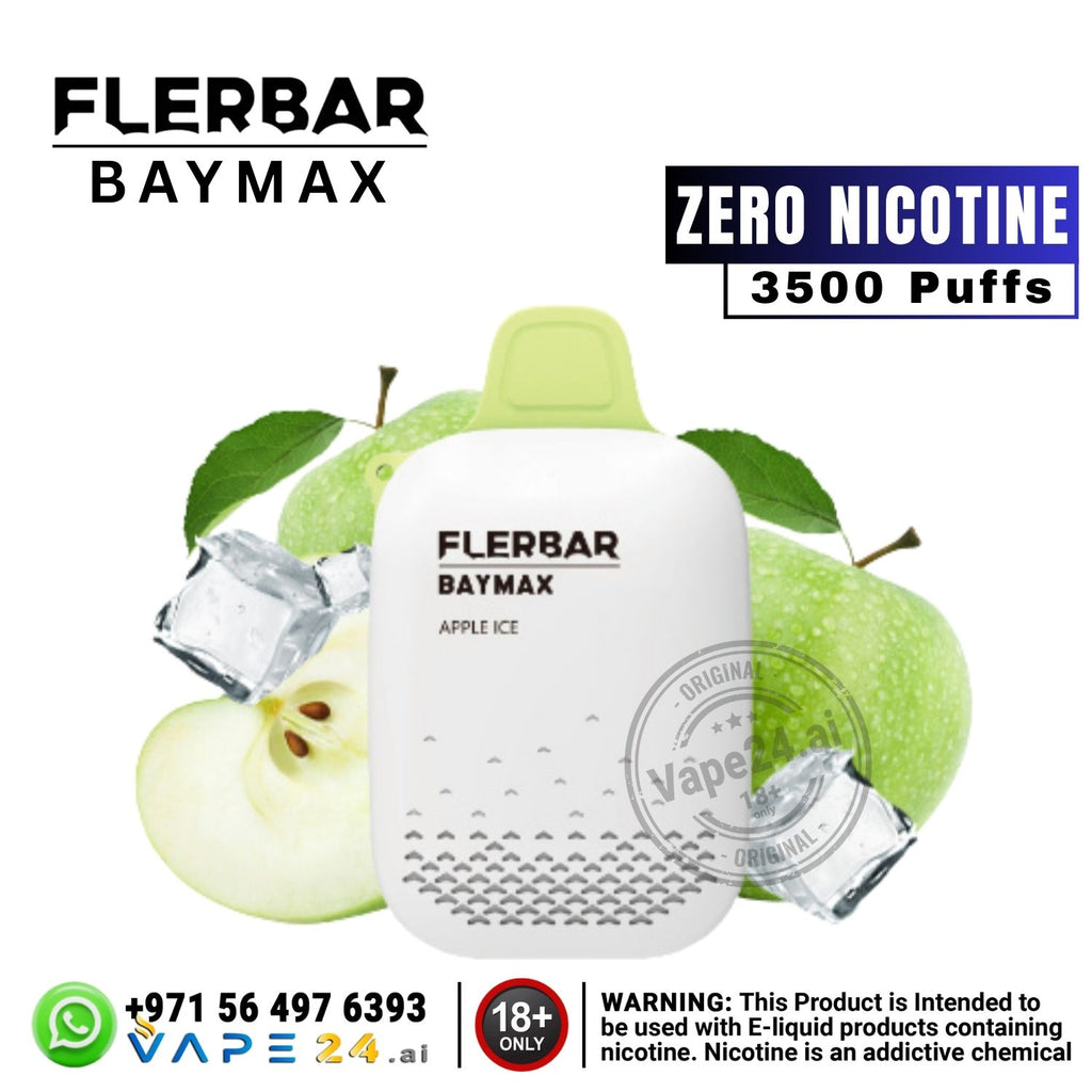 Flerbar Baymax vape device with green apples and ice cubes on a white background