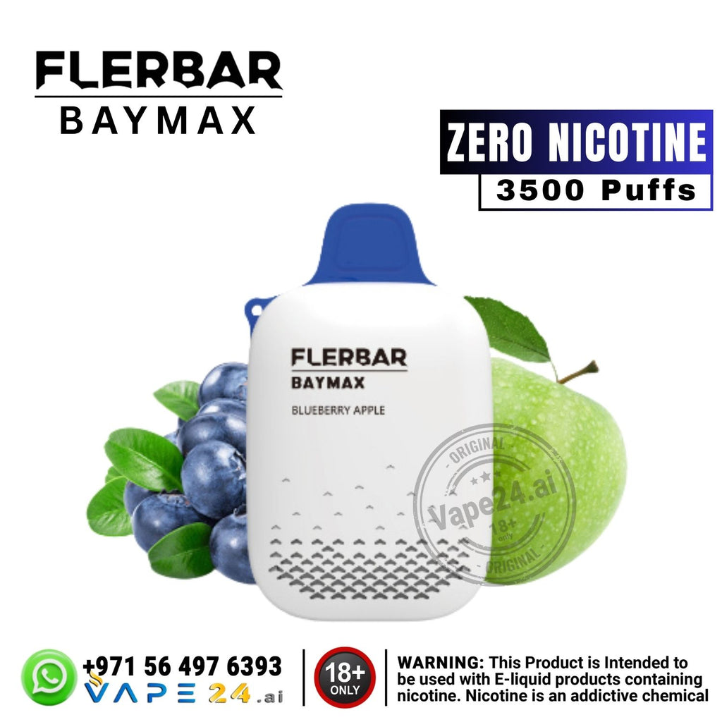 Flerbar Baymax vape device with blueberries and an apple on a white background
