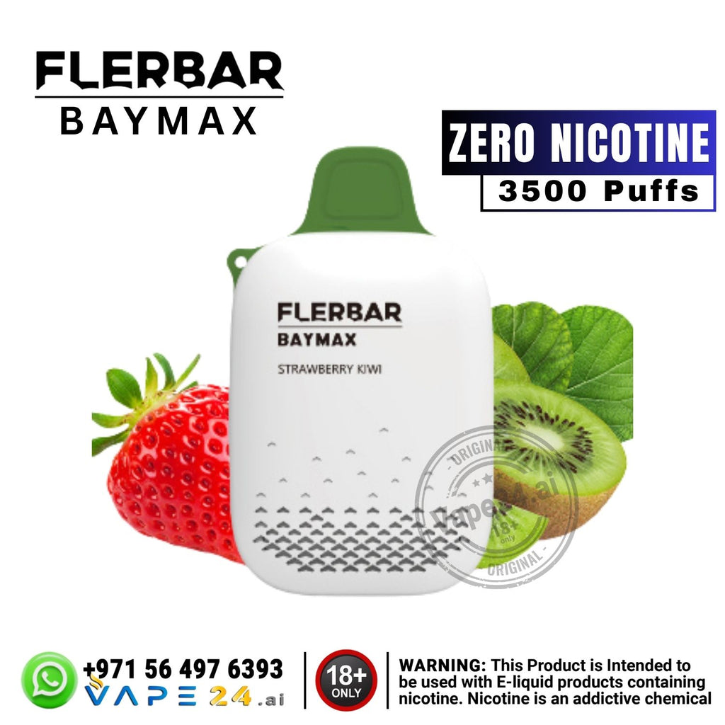 Flerbar Baymax vape device with strawberry and kiwi graphics on a white background