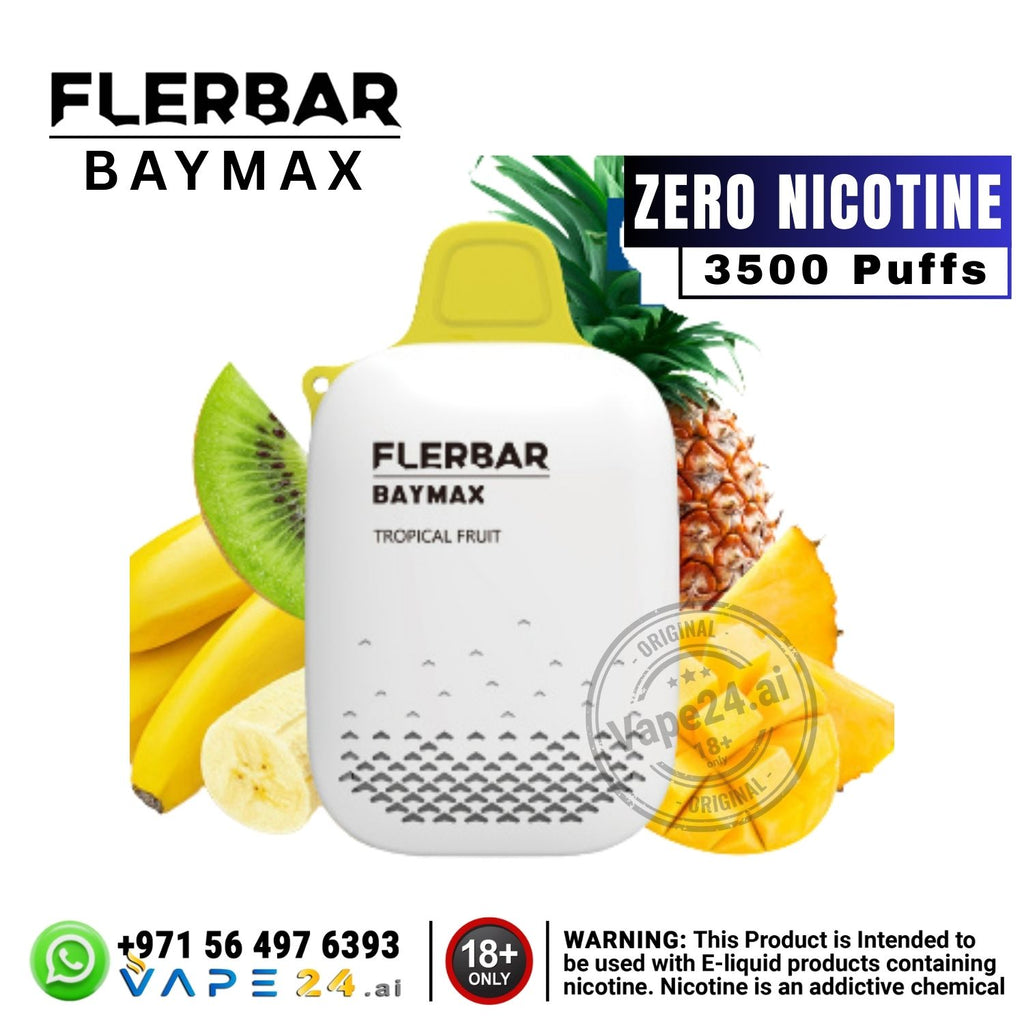 Flerbar Baymax vape device with tropical fruit graphics and product details on a white background