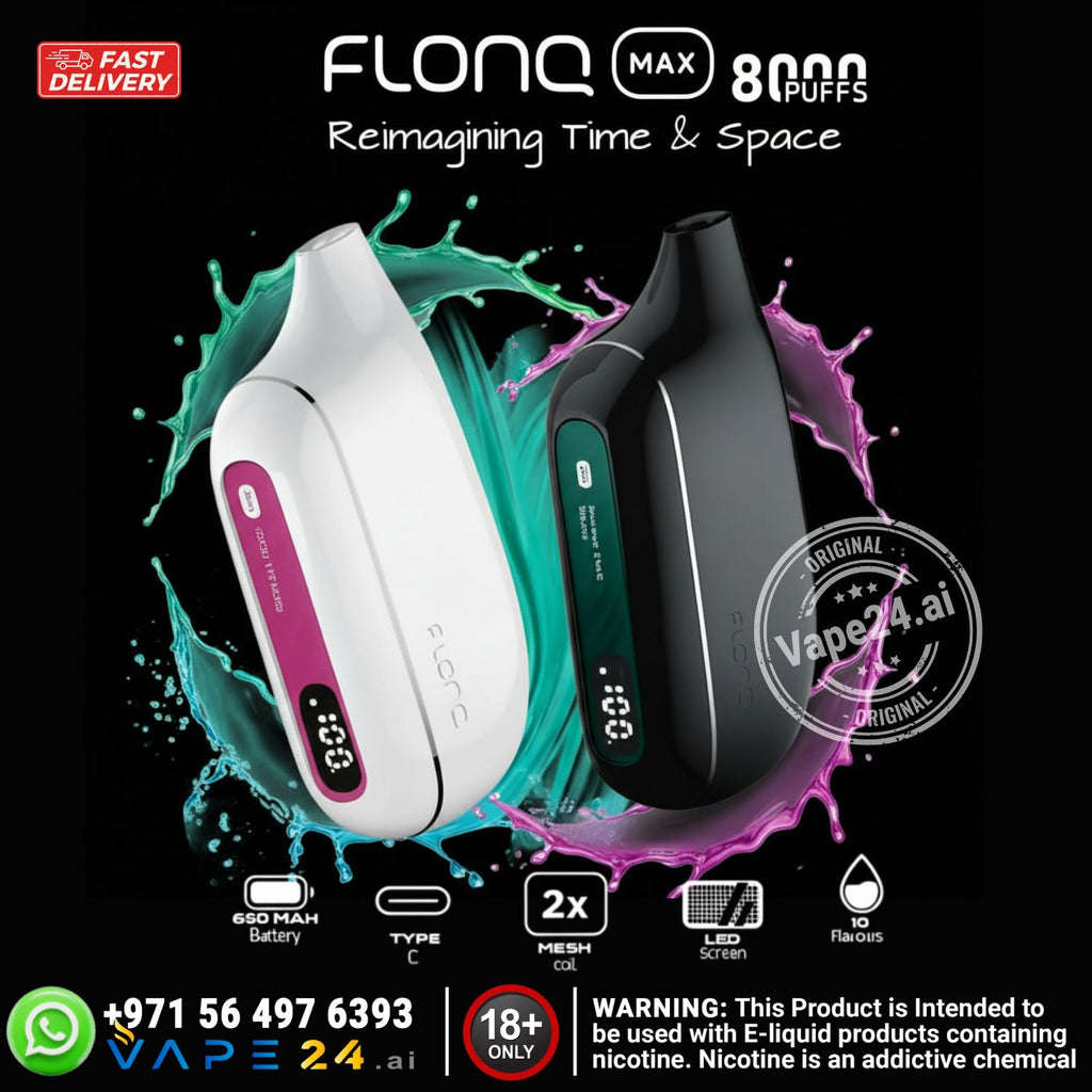 Two vape devices with colorful splashes on a black background, featuring the brand 'FLONQ'.