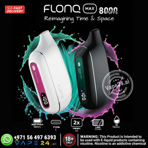 Two vape devices with colorful splashes on a black background, featuring the brand 'FLONQ'.