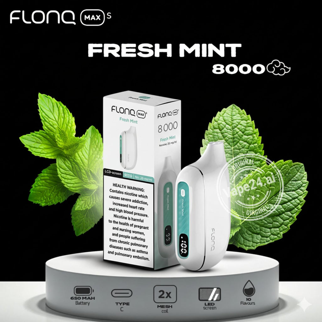 Flonq Max S Fresh Mint 8000 vaping device and packaging with mint leaves on a black background