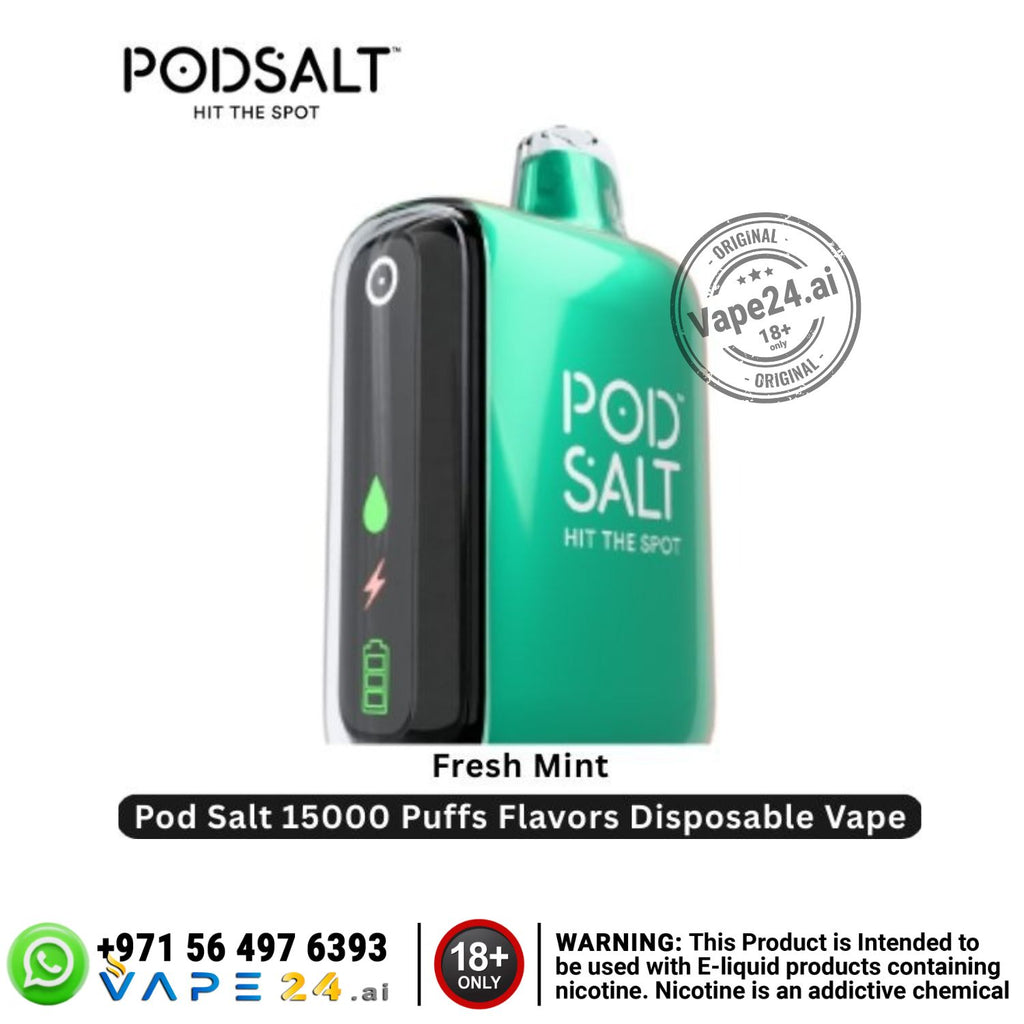 Pod Salt disposable vape fresh mint flavor device with branding and product details on a white background