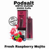 Podsalt Onyx Cloud vape device with packaging and fresh raspberry mojito ingredients on a white background.