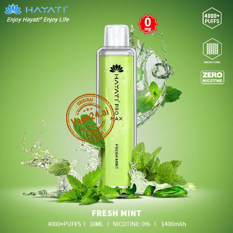 HAYATI PRO MAX Fresh Mint Disposable Vape with 4000 puffs and 0mg nicotine, featuring a 1400mAh battery.