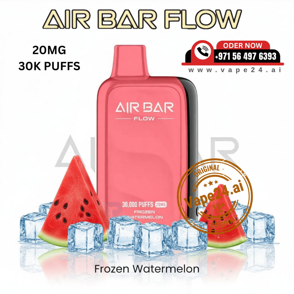 Pink 'Air Bar Flow' vape device with watermelon flavor on a white background