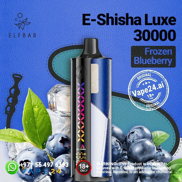 Elf Bar E-Shisha Luxe 30000 Puffs Frozen Blueberry flavor vaping device with blueberries in the background.