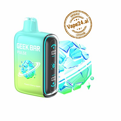 Geek Bar Pulse 15000 Puffs Disposable Vape in Fresh Cherry Apple flavor with digital display and ice cube design.