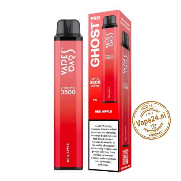 Vape Bar Ghost Pro 3500 Puffs Red Apple Flavor, disposable vape with up to 3500 puffs, displayed with packaging and Vape24.ai seal.