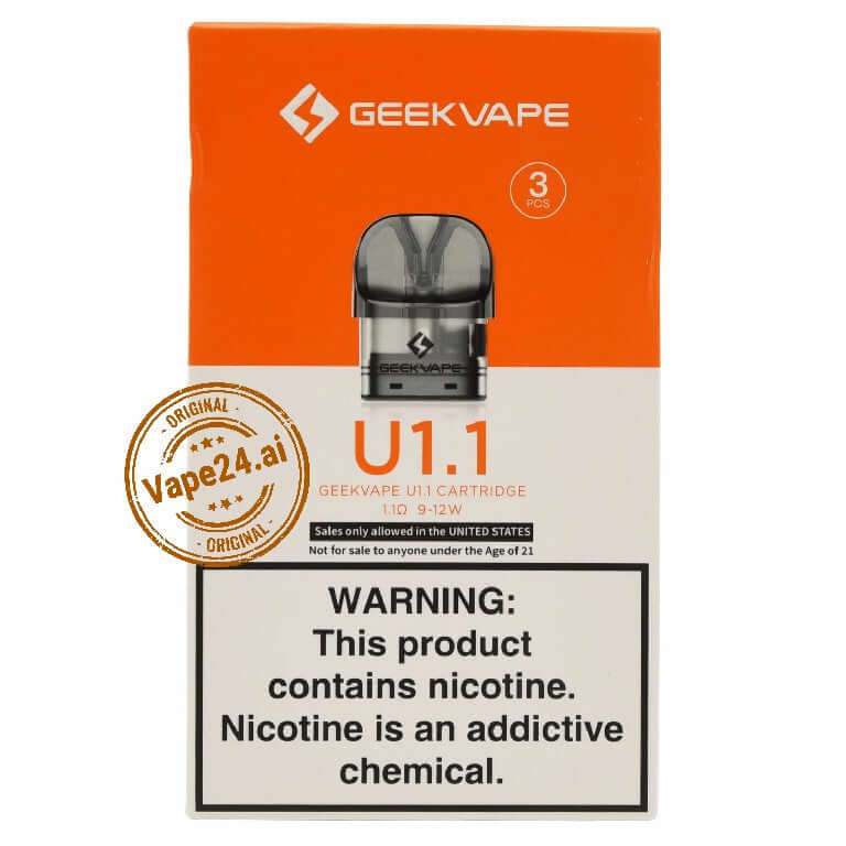 GeekVape U Replacement Pod pack showing 3 pods and warning about nicotine safety.