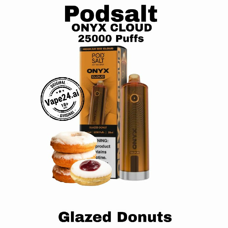 Podsalt Onyx Cloud vape device and packaging with glazed donuts on a white background