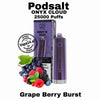 Podsalt ONYX Cloud vape device and packaging with fruit, grape, and berries on a white background