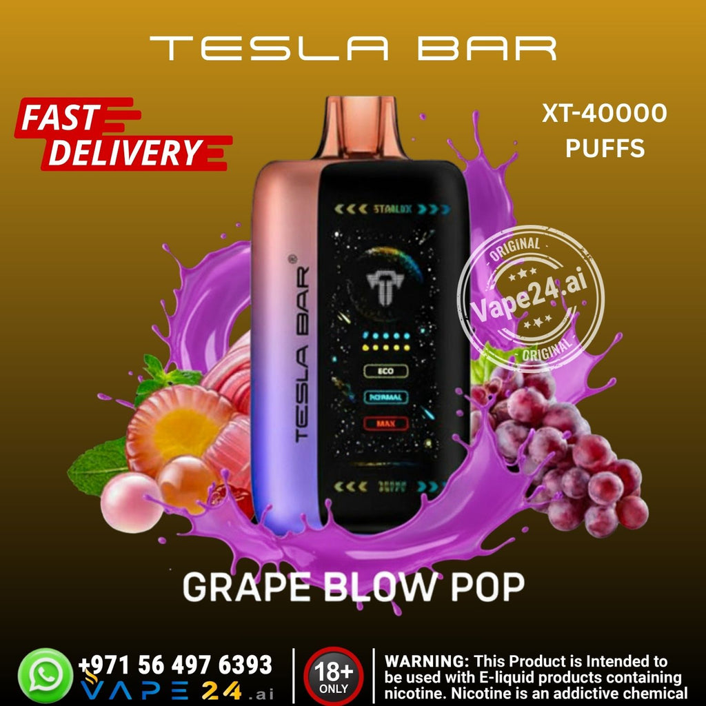 Tesla Bar vape device with grape flavor on a colorful background, featuring the Vape24.ai brand.