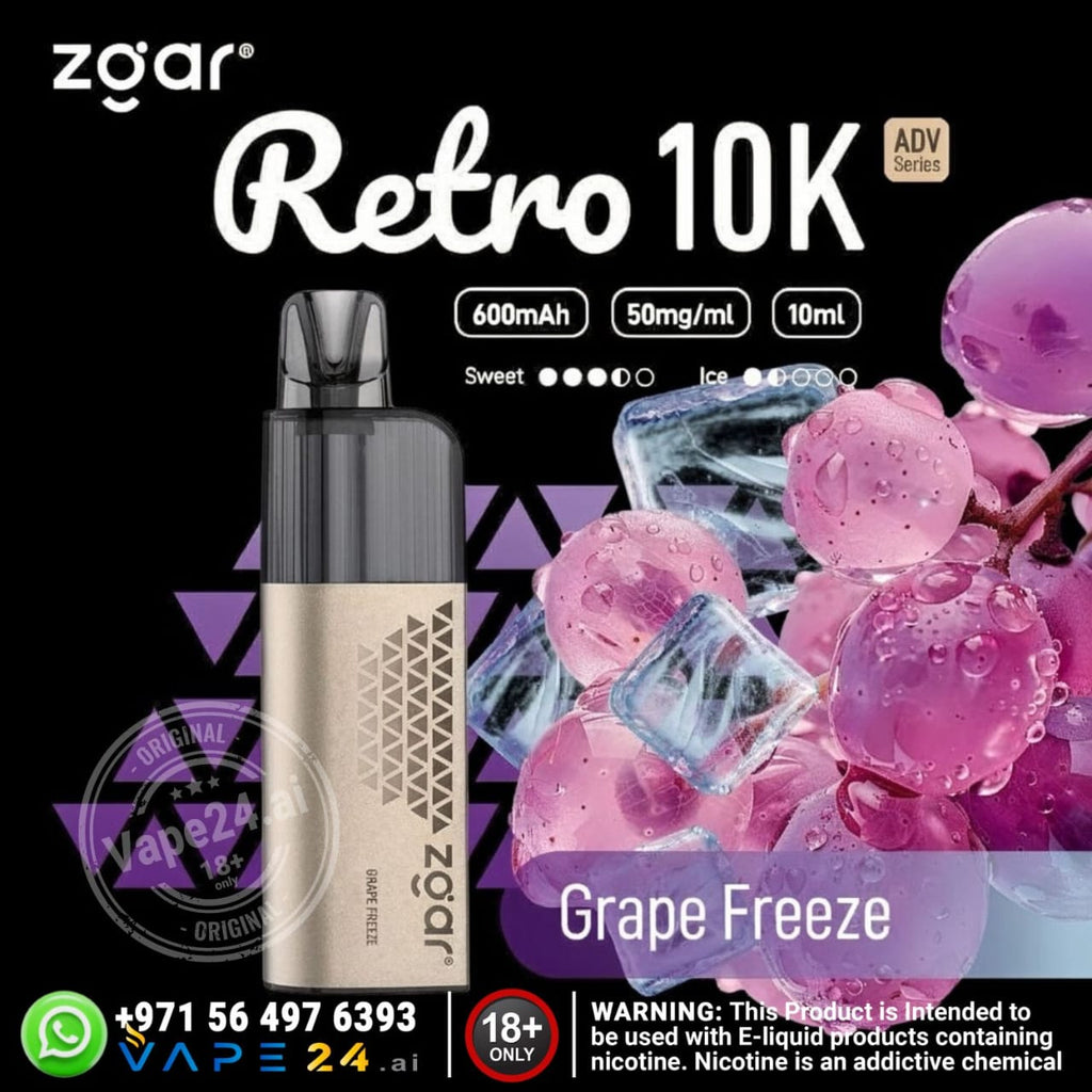 Zgar Retro 10K vape device with grape freeze flavor on a black background