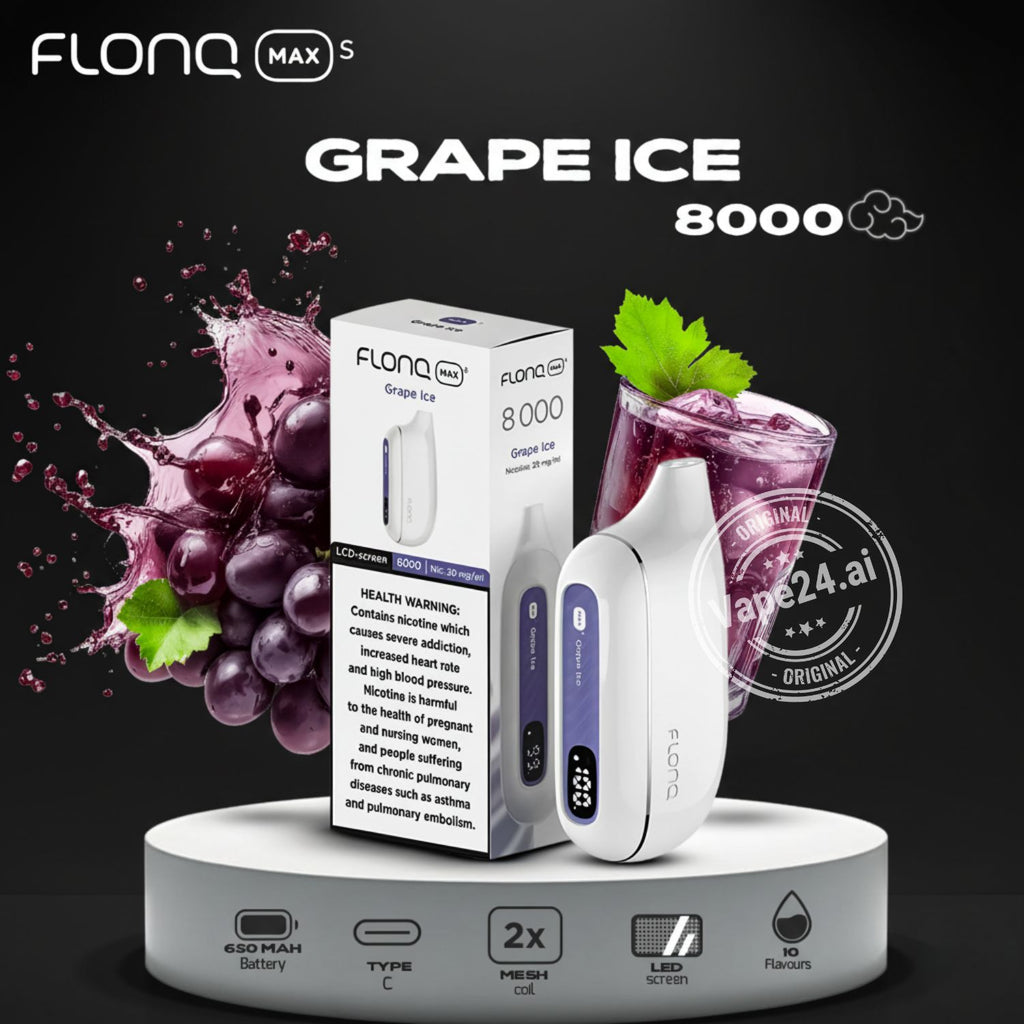 Flonq Max S Grape Ice 8000 device and packaging with grape and mint graphics on a dark background.