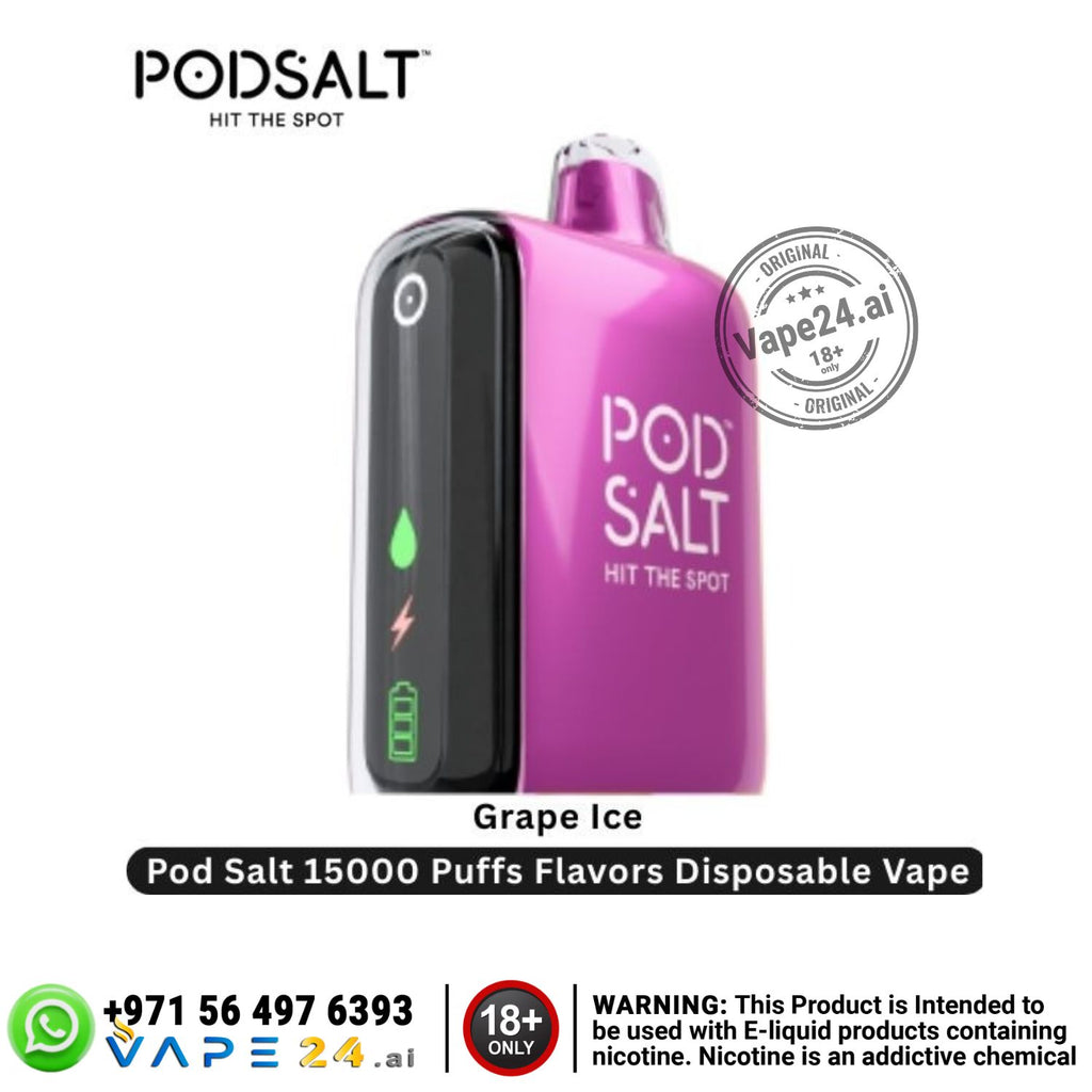 Purple and black disposable vape with 'Pod Salt' branding, grape ice flavor on a white background.