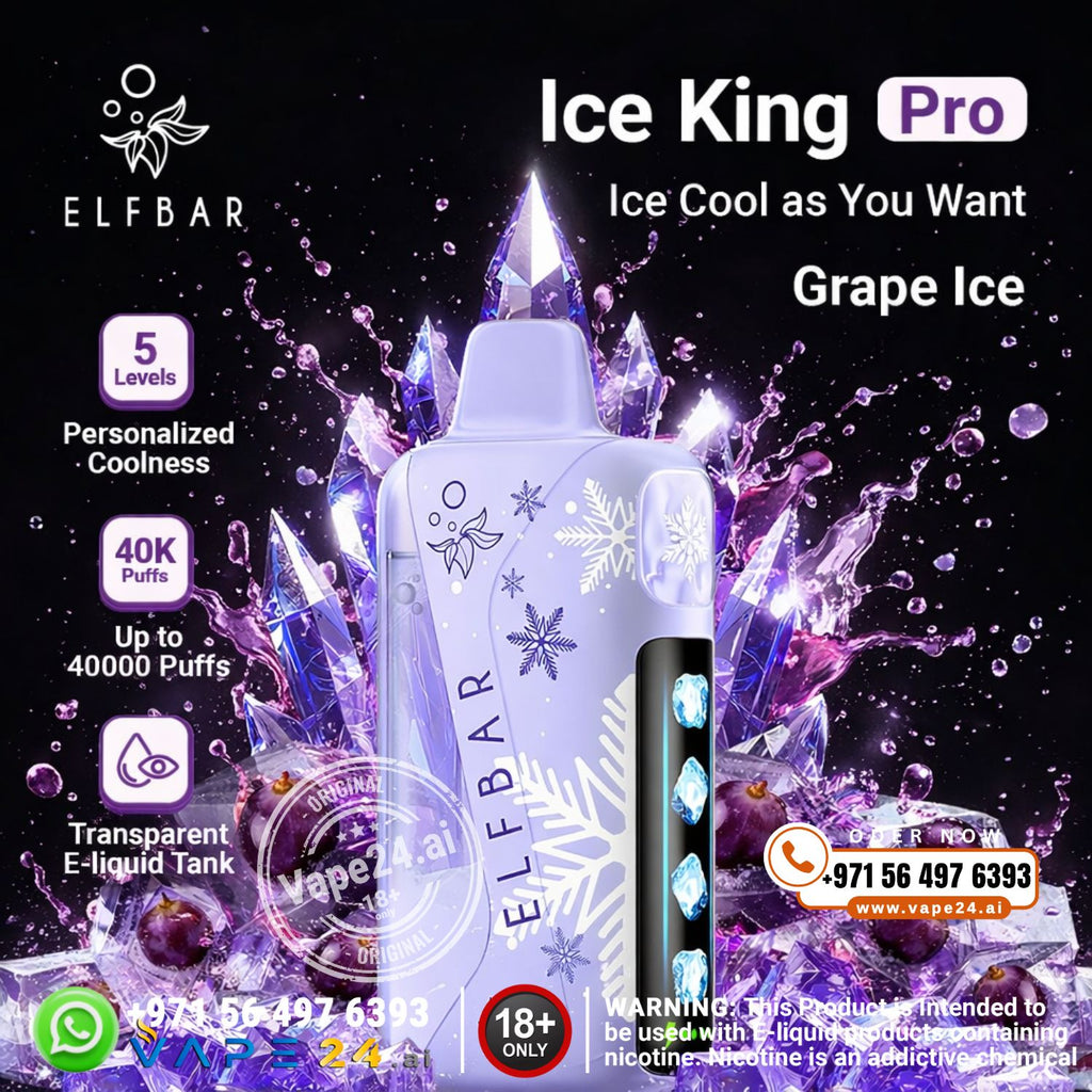 Elfbar Ice King Pro vape device with grape ice flavor and product details on a black background.