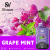 Silvaper grape mint vape juice with grapes and water droplets on a pink background