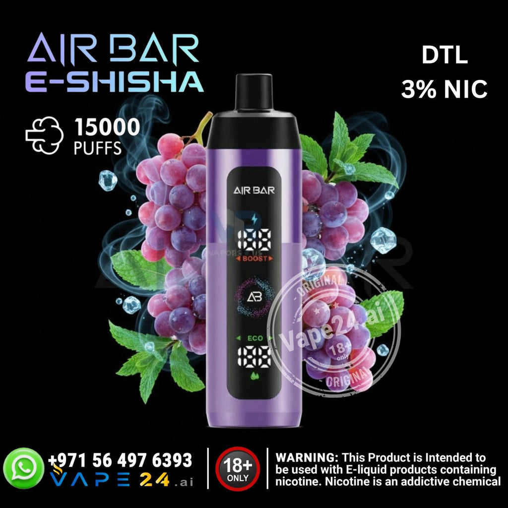 Air Bar e-shisha vape device with grapes and nicotine information on a black background