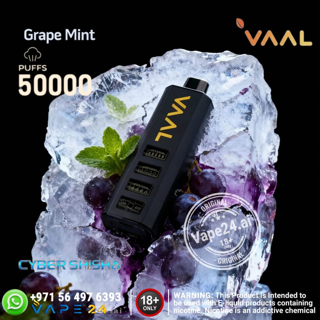 VAAL vape device on a rock with grapes and mint leaves, featuring the brand logo and product details.