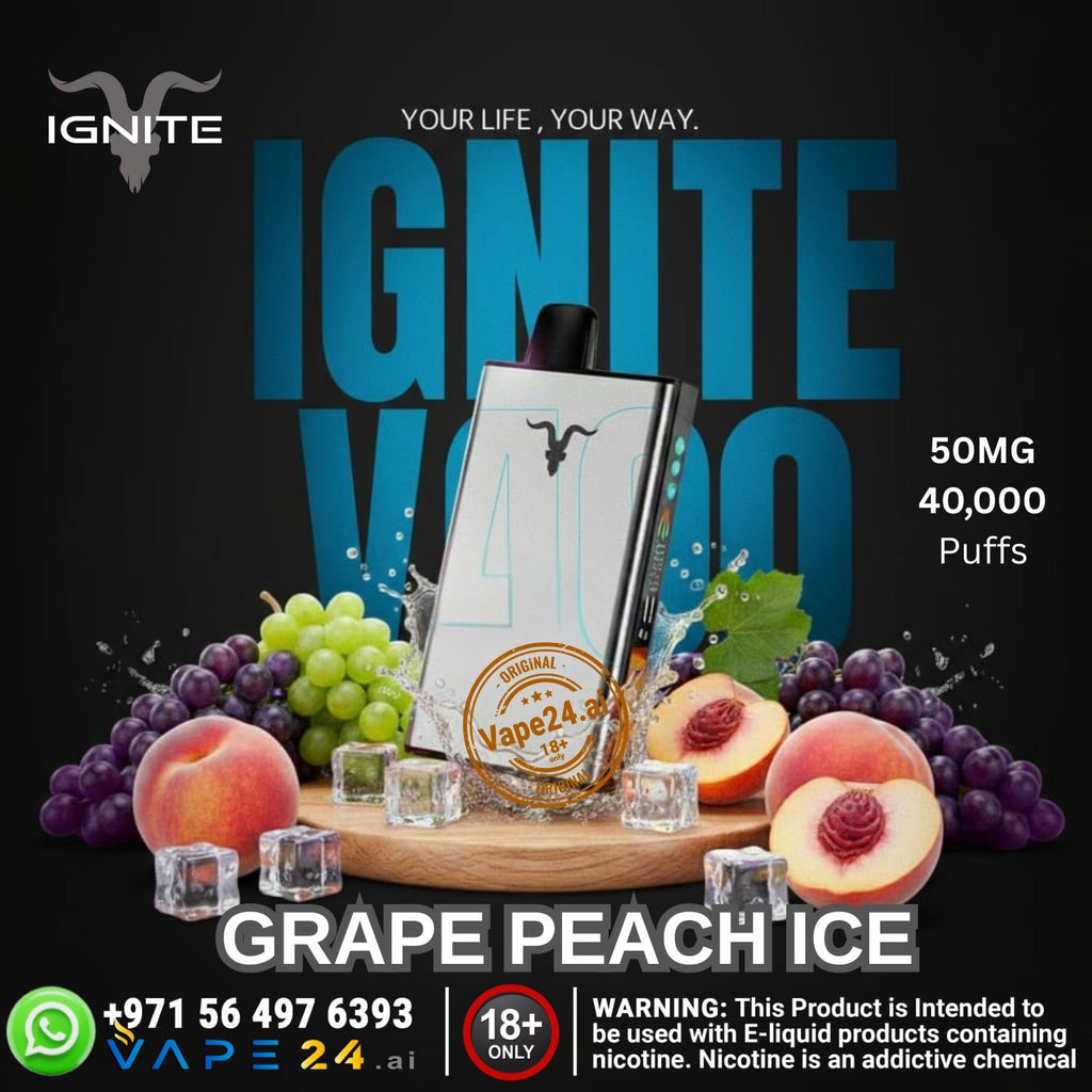 Vape device with grape peach ice flavor on a dark background, featuring the brand 'IGNITE'.