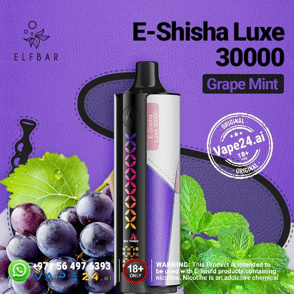 Elf Bar E-Shisha Luxe 30000 Puffs in Grape Mint flavor with vibrant design and fruit elements.